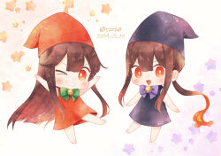 &gt;_o 1boy 1girl :d alternate_costume arms_up barefoot black_dress black_hat blunt_ends blush bow bowtie brother_and_sister brown_hair center-flap_bangs chibi chibi_only crest dated dress family_crest fate/grand_order fate_(series) fiery_hair green_bow green_bowtie grin hair_between_eyes hat light_particles long_hair looking_at_viewer low_ponytail no_nose oda_nobukatsu_(fate) oda_nobunaga_(fate) oda_uri one_eye_closed open_mouth phrygian_cap ponytail purple_bow purple_bowtie red_dress red_eyes red_hat siblings sidelocks sleeveless sleeveless_dress smile sparkle standing standing_on_one_leg star_(symbol) star_print twitter_username v-shaped_eyebrows very_long_hair watercolor_background watercolor_effect yzrh0