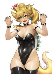 Rule 34 | 1girl, absurdres, armlet, black leotard, black nails, blonde hair, blue eyes, bowsette, bracelet, breasts, collar, crown, earrings, fingernails, highleg, highleg leotard, highres, jewelry, large breasts, leotard, long hair, mario (series), new super mario bros. u deluxe, nintendo, ouer moyu, ponytail, sharp fingernails, sharp teeth, solo, sphere earrings, spiked armlet, spiked bracelet, spiked collar, spiked shell, spiked tail, spikes, strapless, strapless leotard, super crown, tail, teeth, turtle shell