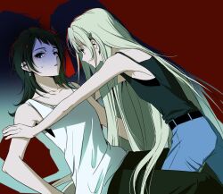 Rule 34 | 2girls, bang dream!, bang dream! it&#039;s mygo!!!!!, belt, black camisole, black hair, black pants, blue eyes, blue pants, camisole, closed mouth, earrings, green hair, hair ornament, hairclip, hand on another&#039;s shoulder, highres, jewelry, long hair, multiple girls, pants, parted lips, red background, sanoon, shadow, sweat, tank top, wakaba mutsumi, white tank top, yahata umiri, yuri