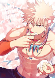 1boy abs absurdres artist_name bakugou_katsuki bead_necklace beads belt birthday blonde_hair blue_pants boku_no_hero_academia brown_belt cake caustics cherry_blossoms collarbone dated ear_piercing english_text falling_petals finger_to_mouth flower food food_on_face hair_flower hair_ornament happy_birthday highres holding holding_food icing in_tree jewelry licking licking_finger looking_at_viewer male_focus multiple_necklaces muscular muscular_male navel necklace nipples pants pectorals petals piercing red_eyes short_hair signature single_sleeve sitting sitting_in_tree solo sparkle spiked_hair text_focus tongue tongue_out topless_male tree tribal v-shaped_eyebrows yazaki_(yazakc)