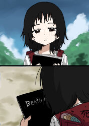 1girl absurdres black_hair book brown_eyes cloud cloudy_sky commentary_request death_note death_note_(object) expressionless highres holding holding_book kuze_shizuka looking_at_object medium_hair messy_bangs multiple_views sky takopii_no_genzai tenten_(chan4545)