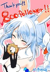 Rule 34 | &gt; &lt;, 1girl, :t, bare shoulders, black gloves, black leotard, blush, braid, breasts, closed eyes, closed mouth, commentary request, detached sleeves, don-chan (usada pekora), donut, dress, eating, food, food on face, fur-trimmed gloves, fur trim, gloves, hair between eyes, hands up, heart, highres, holding, holding food, hololive, kiritoma, leotard, long hair, milestone celebration, outline, pink background, puffy short sleeves, puffy sleeves, short eyebrows, short sleeves, signature, small breasts, solo, strapless, strapless dress, strapless leotard, thank you, thick eyebrows, twin braids, twintails, upper body, usada pekora, usada pekora (1st costume), wavy mouth, white dress, white outline, white sleeves