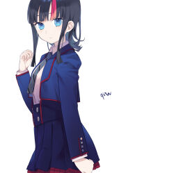 1girl absurdres black_hair blue_eyes blue_jacket blue_skirt breasts collared_shirt daisi_gi fate/grand_order fate/requiem fate_(series) high-waist_skirt highres jacket long_sleeves medium_breasts medium_hair multicolored_hair necktie open_clothes open_jacket pink_hair shirt sidelocks simple_background skirt solo streaked_hair utsumi_erice utsumi_erice_(mission_start) white_background white_shirt