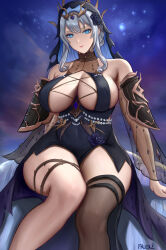 1girl absurdres asymmetrical_legwear bare_shoulders blue_eyes breasts character_request dress frlexz grey_hair highres huge_breasts lips long_hair mature_female night purple_sky see-through_clothes sitting sky smile star_(sky) tower_of_fantasy