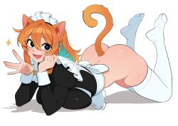 1girl absurdres animal_ears anna_(maidcousin) apron aqua_hair ass black_eyes black_shirt bottomless breast_press breasts cat_ears cat_girl cat_tail colored_inner_hair commentary english_commentary fang frilled_apron frills hair_between_eyes hands_up highres juliet_sleeves large_breasts long_sleeves looking_at_viewer lower_teeth_only maid_headdress maidcousin multicolored_hair nail_polish open_mouth orange_hair orange_nails original puffy_sleeves shirt simple_background skin_fang smile solo sparkle tail teeth thighhighs white_apron white_background white_thighhighs