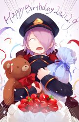 1boy absurdres black_coat black_hat blue_ribbon boku_no_hero_academia bow cake chikuwa_savy coat commentary_request confetti dated food fruit hair_over_one_eye happy_birthday hat highres holding holding_teddy_bear long_sleeves male_focus peaked_cap raspberry red_bow ribbon shishikura_seiji simple_background solo strawberry stuffed_animal stuffed_toy