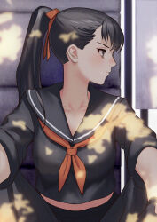 Rule 34 | 1girl, black eyes, black hair, black serafuku, collarbone, delinquent, fumikazu, highres, juusan kihei bouei ken, long hair, looking to the side, neckerchief, ponytail, red neckerchief, red ribbon, ribbon, school uniform, serafuku, solo, squatting, sukeban, takamiya yuki