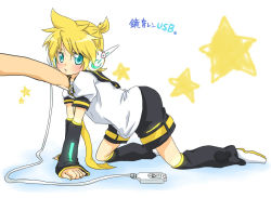 1boy all_fours aqua_eyes asata bad_id bad_pixiv_id blonde_hair blush cable detached_sleeves eringihata headphones kagamine_len leaning male_focus mini_person miniboy necktie open_mouth poking short_hair solo star_(symbol) translated usb vocaloid yellow_necktie