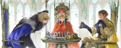1girl 2boys absurdres arch armor black_armor black_blindfold black_gloves blindfold blue_cape board_game brown_hair cape cdgm000 chair chess chess_piece claude_von_riegan claude_von_riegan_(timeskip) clenched_teeth dimitri_alexandre_blaiddyd dimitri_alexandre_blaiddyd_(timeskip) edelgard_von_hresvelg edelgard_von_hresvelg_(timeskip) falling_leaves fire_emblem fire_emblem:_three_houses gloves gold_armor hashtag-only_commentary highres holding holding_chess_piece holding_polearm holding_weapon leaf long_sideburns multiple_boys nintendo plant polearm purple_eyes red_armor red_cape short_hair sideburns sitting teeth thinking vines weapon white_hair yellow_cape