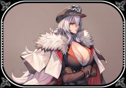 1girl azur_lane breasts cleavage crossed_arms female_focus fur_trim gloves graf_zeppelin_(azur_lane) hair_between_eyes hat jacket jacket_on_shoulders large_breasts long_hair military military_hat military_uniform oda_non peaked_cap red_eyes silver_hair solo upper_body wavy_hair