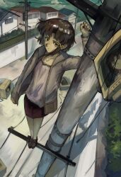 1girl absurdres brown_eyes brown_hair cable crt hair_ornament hairclip highres holding iwakura_lain kornod looking_at_viewer monitor multiple_views power_lines serial_experiments_lain short_hair skirt standing standing_on_object