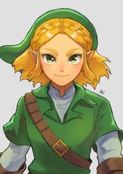 Rule 34 | 1girl, absurdres, alternate costume, bad id, bad twitter id, belt, blonde hair, braid, brown gloves, closed mouth, cosplay, crown braid, gloves, green eyes, green hat, grey background, hat, highres, layered clothes, link, link (cosplay), looking at viewer, nintendo, pointy ears, princess zelda, rv (gvdn7245), short hair, signature, simple background, smile, the legend of zelda, the legend of zelda: breath of the wild, the legend of zelda: ocarina of time, the legend of zelda: tears of the kingdom, tunic, upper body