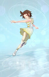 1girl antenna_hair brown_hair dress flat_chest full_body hair_ornament highres ice ice_skates medalist_(manga) motion_lines open_mouth outstretched_arms pantyhose raneblu red_eyes short_hair short_sleeves signature skates smile solo speed_lines spread_arms watermark yellow_pantyhose yuitsuka_inori