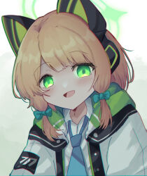 Rule 34 | 1girl, :d, absurdres, animal ear headphones, animal ears, blonde hair, blue archive, blue necktie, blunt bangs, blush, bow, cat ear headphones, collared shirt, commentary request, crazy eyes, dark persona, eyelashes, fake animal ears, film grain, glowing, glowing eyes, green background, green bow, green halo, hair bow, halo, headphones, highres, jacket, looking at viewer, medium hair, midori (blue archive), millennium science school logo, necktie, open clothes, open jacket, open mouth, partial commentary, school uniform, shirt, sidelocks, simple background, smile, solo, upper body, uttsu (yumaviviane), white jacket, white shirt, yandere