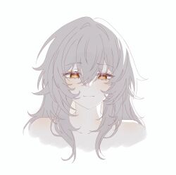 Rule 34 | 1girl, absurdres, anh dao, bare shoulders, collarbone, commentary, cropped shoulders, grey hair, highres, honkai: star rail, honkai (series), long hair, looking at viewer, simple background, smile, solo, stelle (honkai: star rail), trailblazer (honkai: star rail), white background, yellow eyes