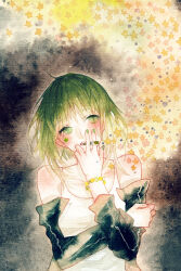 1girl bare_shoulders blush bracelet collarbone detached_sleeves green_eyes green_hair green_nails gumi jewelry nail_polish open_mouth painting_(medium) rei_(456789io) short_hair smile solo star_(symbol) traditional_media upper_body vocaloid watercolor_(medium)