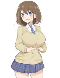 1girl blue_eyes blue_necktie blue_skirt blush breasts brown_hair brown_sweater collared_shirt cowboy_shot highres katsuhiko_(bone_hiko) large_breasts long_sleeves miniskirt necktie open_mouth plaid_clothes plaid_skirt pleated_skirt saki_(manga) shirt shy skirt solo sweat sweatdrop sweater unozawa_shiori white_background white_shirt