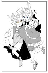 Rule 34 | 2boys, :d, androgynous, animal ears, blue eyes, boots, bow, bowtie, cloak, collarbone, commentary request, crossdressing, crossdressing (mtf), dragon quest, dragon quest x, dress, floating hair, frilled dress, frilled socks, frills, frown, hair bow, heart, hero (dq10), highres, invisible chair, kuro11 222, looking at another, looking back, low ponytail, male focus, multiple boys, off-shoulder dress, off shoulder, open mouth, pectoral cleavage, pectorals, ponytail, rabbit boy, rabbit ears, raki (dq10), screentones, shirt, shorts, sitting, smile, socks, spot color, squiggle, strappy heels, sweatdrop, teeth, trap, upper teeth only, wolf boy, wolf ears, yellow eyes