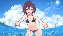 Rule 34 | 1girl, ahoge, bikini, black bikini, black hair, blue sky, closed eyes, cloud, commentary request, cowboy shot, day, flat chest, flipped hair, highres, horizon, kumada gaon, leaning forward, ocean, original, outdoors, short hair, sky, smile, solo, splashing, swimsuit, water