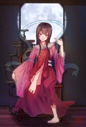 Rule 34 | 1girl, 3d background, barefoot, black hair, blush, chileshi, collar, dress, floral print, floral print dress, foot up, frilled collar, frills, full moon, hagoromo, highres, houraisan kaguya, knee up, lips, long hair, long sleeves, looking at viewer, moon, night, night sky, photo background, pink shirt, print dress, red dress, red eyes, see-through clothes, see-through shawl, shawl, shirt, shouji, sitting, sky, sliding doors, smile, solo, star (sky), starry sky, throne, touhou, white collar, wooden floor