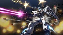 arm_shield assault_visor beam_rifle blue_visor casing_ejection commentary_request commission debris double_barrels earth_federation_space_forces energy_gun explosion firing fusion gm_cannon_ii gm_custom gun gundam gundam_0080 gundam_0083 gundam_alex highres holding holding_gun holding_weapon legs_apart mecha mecha_focus missile mobile_suit no_humans radio_antenna robot roundel science_fiction shell_casing shoulder_cannon signature siratori_(yy_203) skeb_commission solo space weapon wreckage