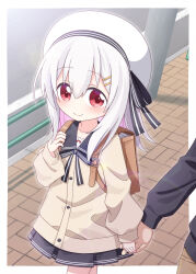 1girl 1other backpack bag beret black_skirt brown_bag cardigan closed_mouth colored_inner_hair commission grey_cardigan hair_ornament hairclip harada_(sansei_rain) hat highres holding_hands kotone_(ayanepuna) long_sleeves miniskirt multicolored_hair original outdoors pink_hair pleated_skirt puffy_long_sleeves puffy_sleeves red_eyes skeb_commission skirt solo_focus two-tone_hair white_hair white_hat