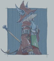 armor ascot blue_ascot border burmecian coat facing_to_the_side final_fantasy final_fantasy_ix freija_crescent grey_border grey_hair hand_on_own_chest hat helmet holding holding_polearm holding_weapon long_sleeves looking_up michibata_65 mouse_girl mouse_tail polearm rain red_coat red_hat ribbon shoulder_armor tail tail_ornament tail_ribbon upper_body weapon winged_helmet yellow_ribbon
