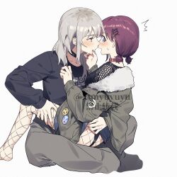2girls black_choker black_sweater blue_shorts brown_hair brown_jacket chinese_commentary choker commentary_request fishnets girls_band_cry grey_hair grey_pants iseri_nina jacket kawaragi_momoka long_sleeves low_twintails multicolored_hair multiple_girls nail_polish off_shoulder pants red_choker red_nails roots_(hair) short_hair short_twintails shorts sweater twintails xunyu_(manyu) yuri
