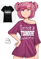 absurdres bare_shoulders black_shirt bluekapo_art doki_doki_literature_club english_text feet_out_of_frame hand_on_own_hip highres natsuki_(doki_doki_literature_club) no_pants photo_inset pink_eyes pink_hair print_shirt purple_shirt shirt short_sleeves single_off_shoulder smile smug twintails white_background