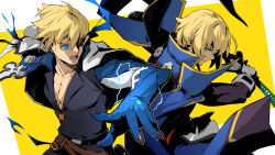 2boys arc_system_works black_footwear blazblue blonde_hair blue_coat blue_eyes coat company_connection electricity guilty_gear highres holding holding_sword holding_weapon jacket jacket_on_shoulders kekemotsu kisaragi_jin ky_kiske look-alike male_focus multiple_boys open_mouth short_hair sword toned toned_male weapon white_jacket