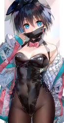 1girl animal_ears bare_shoulders black_hair black_leotard black_pantyhose blue_eyes bow breasts covered_mouth cowboy_shot detached_collar fake_animal_ears genderswap genderswap_(mtf) hair_between_eyes highres houshin_engi jacket leotard long_sleeves looking_at_viewer mask medium_breasts mimoza_(96mimo414) mouth_mask pantyhose pink_bow playboy_bunny rabbit_ears shiny_clothes short_hair solo taikoubou