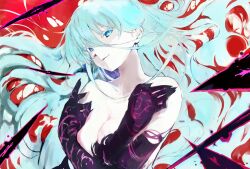 1girl blue_eyes blue_hair breasts cleavage covering_breasts covering_privates floating_hair gele highres jill_(rance_series) long_hair looking_at_viewer medium_breasts nude rance_(series) rance_x red_background simple_background solo tsutsugano upper_body very_long_hair