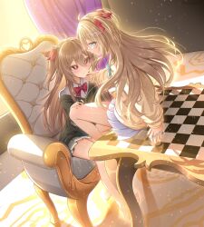 2girls absurdres ahoge animatrix aqua_bow aqua_bowtie backlighting bare_legs black_cardigan black_skirt blue_eyes blue_skirt blush bow bowtie broken_heart broken_heart_hair_ornament brown_hair cardigan chess_piece closed_mouth coach collared_shirt commission curtains evil_neuro-sama from_above from_side hair_ornament hair_ribbon hand_on_another&#039;s_chin heart heart-shaped_pupils heart_hair_ornament highres holding holding_chess_piece indoors king_(chess) long_hair long_sleeves multiple_girls neuro-sama off-shoulder_cardigan parted_lips pleated_skirt red_bow red_bowtie red_eyes red_ribbon ribbon shirt siblings sisters sitting sitting_on_table skirt skull_hair_ornament symbol-shaped_pupils table twins vedal_ai vgen_commission virtual_youtuber white_shirt yellow_cardigan