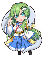 1girl :d absurdres alternate_costume animal bare_shoulders black_shoes blue_eyes blue_skirt blush_stickers breasts chibi collared_shirt detached_sleeves double-parted_bangs frog_hair_ornament green_hair hair_ornament hair_tubes highres hip_vent ishida_kazuma kochiya_sanae large_breasts long_hair long_sleeves looking_at_viewer open_mouth oversized_animal patterned_clothing print_skirt shirt shoes simple_background single_hair_tube single_sidelock skirt skirt_set sleeve_bow sleeveless sleeveless_shirt smile snake solo touhou white_background wide_sleeves