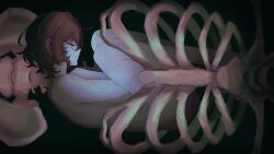 1boy brown_hair bungou_stray_dogs closed_eyes completely_nude curled_up curly_hair dazai_osamu_(bungou_stray_dogs) dim_lighting from_side full_body hand_on_lap highres hip_bones lying multiple_scars nude on_side pikpip ribs scar scar_on_arm scar_on_leg short_hair solo