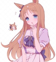 Rule 34 | 1girl, animal ears, blue eyes, blush, bow, bowtie, brown hair, closed eyes, ear bow, ear ornament, grass wonder (umamusume), highres, horse ears, horse girl, long hair, looking at viewer, multicolored hair, open mouth, puffy short sleeves, puffy sleeves, purple bow, purple bowtie, purple sailor collar, purple serafuku, purple shirt, rsusk189, sailor collar, sailor shirt, school uniform, serafuku, shirt, short sleeves, simple background, skirt, smile, summer uniform, tracen school uniform, umamusume, white background, white hair, white sailor collar, white skirt