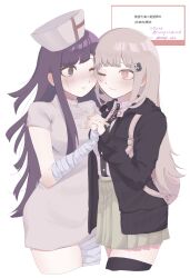 Rule 34 | 2girls, ;), alternate hair length, alternate hairstyle, bandaged arm, bandages, black hair, black jacket, black shirt, black thighhighs, blush, breasts, brown hair, brown skirt, cropped legs, danganronpa (series), danganronpa 2: goodbye despair, dress shirt, highres, holding hands, jacket, konaien (hemogl obin), large breasts, long hair, long sleeves, miniskirt, monokuma, multiple girls, nanami chiaki, neck ribbon, nurse, official alternate costume, one eye closed, open clothes, open jacket, pink bag, pink eyes, pink ribbon, pleated skirt, ribbon, shirt, skirt, smile, thighhighs, translation request, tsumiki mikan, white shirt, zettai ryouiki