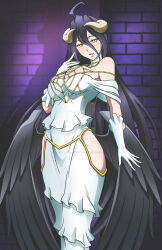 Rule 34 | 1girl, albedo (overlord), black hair, breasts, cleavage, demon girl, dress, highres, horns, large breasts, long hair, madcatstudios, overlord (maruyama), solo, white dress, wings