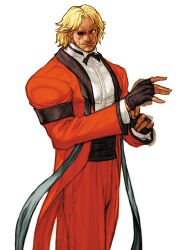 1boy adjusting_clothes adjusting_gloves armband black_armband blonde_hair capcom_vs_snk capcom_vs_snk_2 facial_hair fingerless_gloves game_cg gloves highres looking_to_the_side male_focus missing_eye muscular mustache nishimura_kinu non-web_source official_art one-eyed pants red_eyes red_pants rugal_bernstein shirt snk solo standing the_king_of_fighters