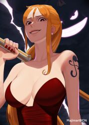 Rule 34 | 1girl, alternate costume, artist name, bare shoulders, breasts, brown eyes, cleavage, clima-tact, collarbone, commentary, dress, earrings, electricity, grin, hair between eyes, highres, holding, holding staff, jewelry, large breasts, lips, long hair, looking at viewer, majimartbcn, nail polish, nami (one piece), one piece, orange hair, over shoulder, parted lips, pearl earrings, ponytail, red dress, red nails, shaded face, shoulder tattoo, single sidelock, smile, staff, strapless, strapless dress, stud earrings, tattoo, upper body, zeus (one piece)