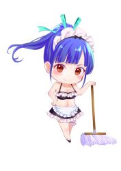 1girl apron arm_support bare_shoulders bikini black_bikini black_shoes black_skirt blue_hair blue_ribbon breasts cleavage closed_mouth commentary day frilled_apron frilled_bikini frilled_skirt frilled_thigh_strap frills full_body hair_ribbon hand_up holding holding_mop long_hair looking_at_viewer maid maid_apron maid_bikini maid_headdress megami_no_cafe_terrace miniskirt mop navel official_art orange_eyes planted_mop ponytail ribbon seo_kouji shoes simple_background skirt solo standing swimsuit thigh_strap tsuruga_ami unconventional_maid waist_apron waitress water_drop white_apron white_background