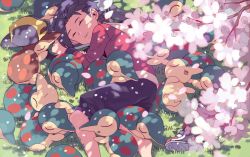 1boy alternate_color backwards_hat bad_id bad_pixiv_id baseball_cap black_hair black_shorts closed_eyes clothed_pokemon commentary_request creatures_(company) cyndaquil day ethan_(pokemon) from_above game_freak gen_2_pokemon grass hat hood hood_down jacket long_sleeves lying male_focus nintendo on_side open_mouth outdoors petals pokemon pokemon_(creature) pokemon_hgss red_jacket shiny_and_normal shiny_pokemon short_hair shorts sleeping teeth upper_teeth_only xichii