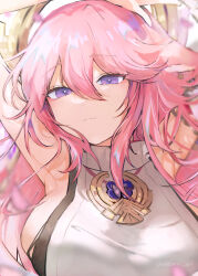 1girl absurdres animal_earrings animal_ears armpits arms_up blush breasts closed_mouth detached_sleeves fox_ears fox_girl genshin_impact hair_between_eyes hair_ornament highres japanese_clothes large_breasts long_hair long_sleeves nontraditional_miko pink_hair purple_eyes shirt sleeveless sleeveless_shirt smile upper_body wide_sleeves yae_miko yukari_(rihenara_doll)