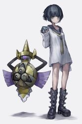 1girl aegislash black_footwear black_hair boots breasts closed_mouth full_body gen_6_pokemon grey_sailor_collar hand_up hashtag-only_commentary highres holding holding_poke_ball long_sleeves looking_at_viewer muda_name neckerchief nintendo original oversized_clothes oversized_shirt poke_ball pokemon pokemon_(creature) sailor_collar sailor_shirt shirt short_hair simple_background small_breasts standing white_background white_shirt yellow_neckerchief