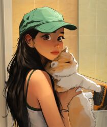 Rule 34 | 1girl, animal, baseball cap, black hair, brown eyes, cat, earrings, golden british shorthair, green hat, hair brush, hair over shoulder, hat, highres, holding, holding animal, jewelry, long hair, looking at self, original, sam yang, shirt, sleeveless, sleeveless shirt, spaghetti strap, sparkling eyes, stud earrings, tile wall, tiles, very long hair, wavy hair