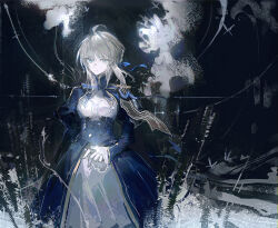 1girl ahoge aona_(ns) artoria_pendragon_(fate) black_background blonde_hair blue_bow blue_bowtie blue_dress blue_eyes bow bowtie braid breasts bug butterfly buttons cleavage_cutout closed_mouth clothing_cutout cowboy_shot dress fate/stay_night fate_(series) hair_between_eyes hair_bow hair_bun insect juliet_sleeves long_sleeves looking_at_viewer mandarin_collar medium_breasts puffy_sleeves saber_(fate) short_hair sidelocks simple_background smile solo standing two-tone_dress weeds white_butterfly white_dress