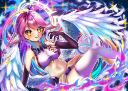 1girl absurdres angel angel_wings armpits asymmetrical_legwear bare_shoulders breasts cape commentary crop_top feathered_wings gloves gradient_eyes gradient_hair groin hair_between_eyes halo hand_up highres jibril_(no_game_no_life) large_breasts long_hair looking_at_viewer low_wings magic_circle midriff multicolored_eyes multicolored_hair navel no_game_no_life parted_lips pink_hair purple_gloves purple_shirt purple_thighhighs shirt sideboob sidelocks signature single_thighhigh skindentation sleeveless sleeveless_shirt smile solo spiked_halo sssshuri328 tattoo thighhighs very_long_hair waist_cape white_wings wing_ears wings yellow_cape yellow_eyes