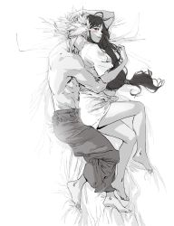 1boy 1girl barefoot bed bed_sheet black_hair blush cloud_strife couple cuddling feet final_fantasy final_fantasy_vii final_fantasy_vii_remake full_body highres hug hug_from_behind long_hair low-tied_long_hair lying muscular muscular_male on_side oversized_clothes oversized_shirt red_eyes shirt spiked_hair spykeee tifa_lockhart topless_male