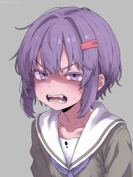 Rule 34 | 1girl, angry, collarbone, fangs, highres, purple eyes, purple hair, school uniform, semicolonize, serafuku, solo, voiceroid, yuzuki yukari, yuzuki yukari (shizuku)