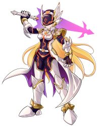1girl absurdres alternate_costume armor armored_boots belt blonde_hair bodystocking boots breasts chest_jewel claws coattails commission commissioner_upload covered_navel elbow_gloves elf_(mega_man_zx_prequel) energy_sword full_body fur-trimmed_collar fur_trim gauntlets gloves glowing_markings helmet highres holding holding_sword holding_weapon knee_armor knee_boots long_coat long_hair medium_breasts mega_man_(series) mega_man_zx model_o_(mega_man) non-web_source original petite shoulder_armor sword transparent_background uta_guipiy weapon